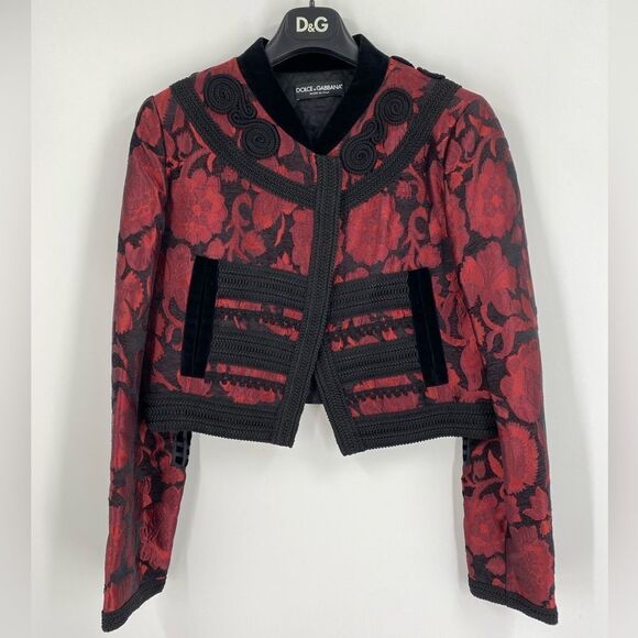 DOLCE & GABBANA SS 2015 Size 46 Red Brocade Viscose Blend Cropped Jacket - Picture 1 of 4